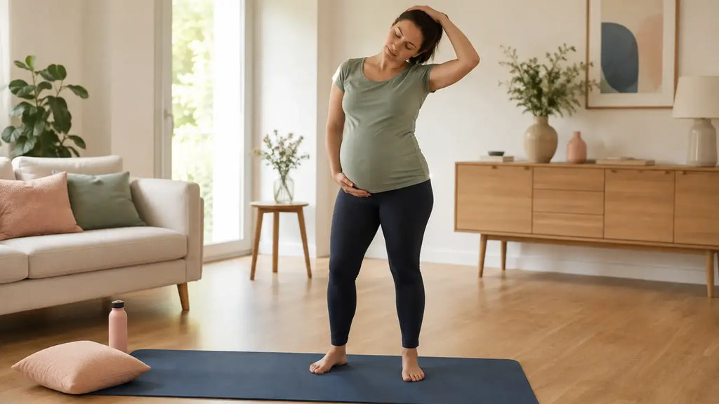 Femme enceinte pratiquant des étirements doux sur un tapis bleu dans un intérieur lumineux