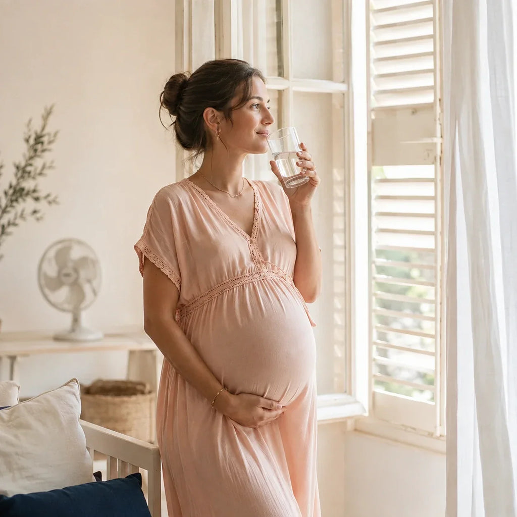 Femme enceinte en robe légère buvant de l’eau près d’une fenêtre ombragée pendant une journée chaude