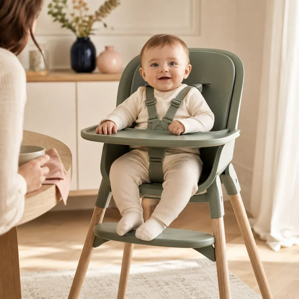 Bébé assis dans une chaise haute vert sauge pendant un repas familial lumineux et calme