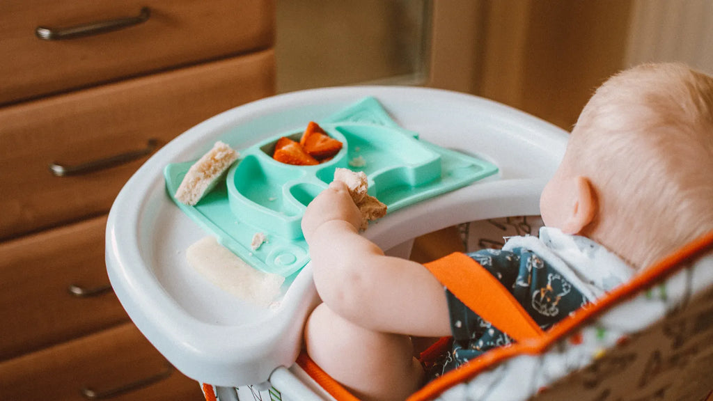 Bébé installé dans une chaise haute avec des aliments adaptés, illustrant un guide sur la diversification alimentaire