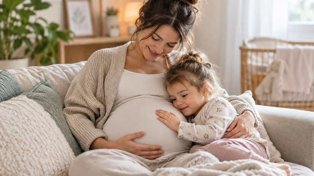 Parent enceinte partageant un moment calme avec son jeune enfant avant l’arrivée du bébé