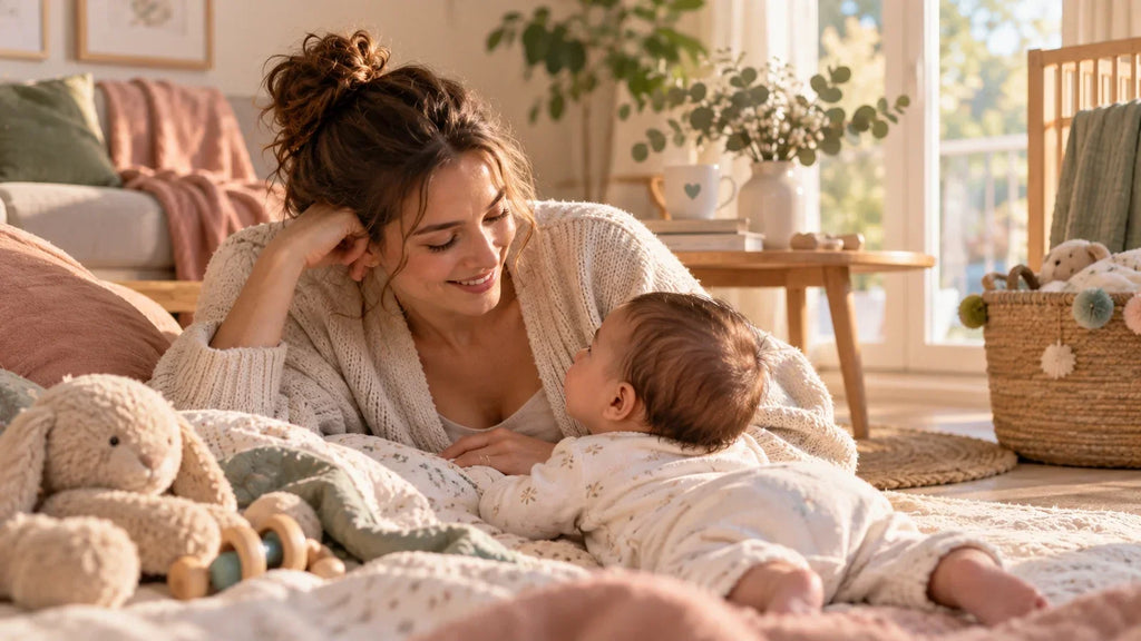 Parent jouant au sol avec un bébé éveillé dans un espace calme et lumineux