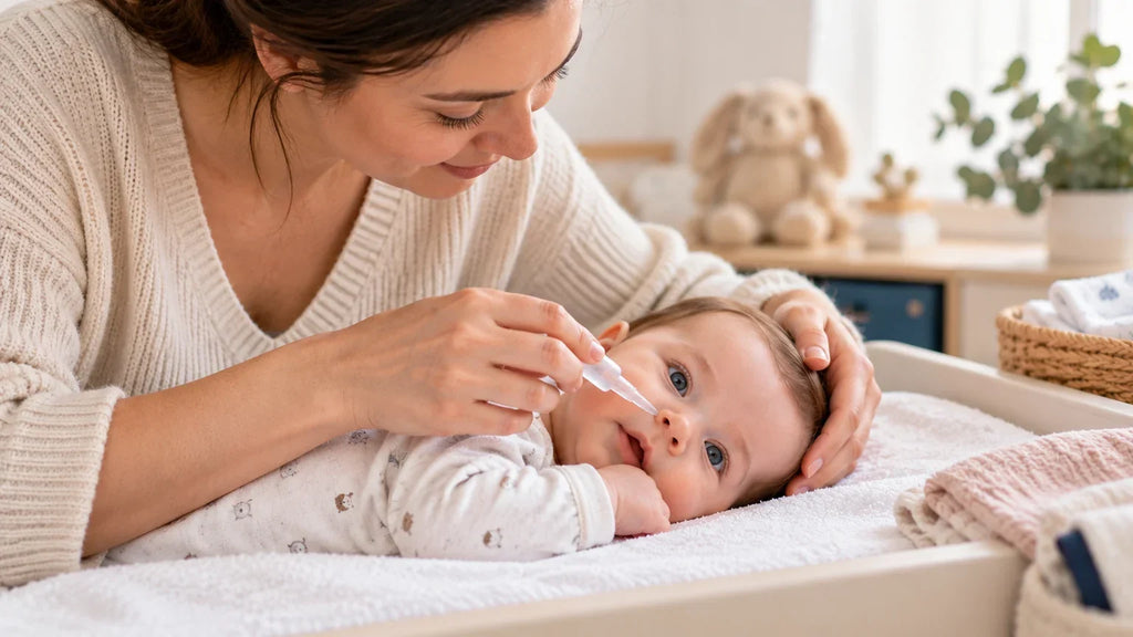 Parent réalisant doucement un lavage de nez au sérum physiologique sur un bébé couché sur le côté