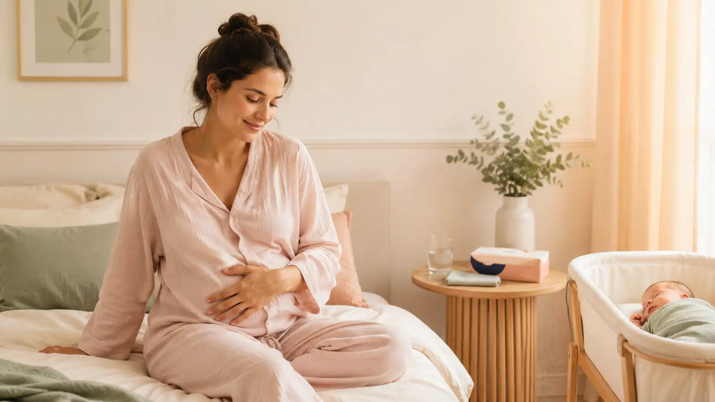 Jeune mère en post-partum se reposant près de son nouveau-né dans une chambre lumineuse