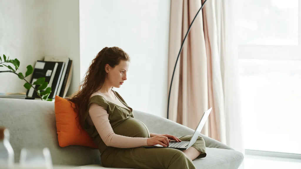 Femme enceinte travaillant sur un ordinateur portable dans un intérieur lumineux