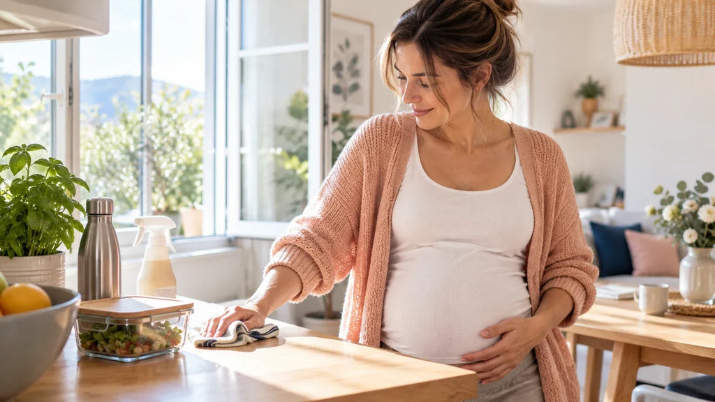 Femme enceinte dans une cuisine lumineuse aérant son intérieur et utilisant des produits du quotidien simples