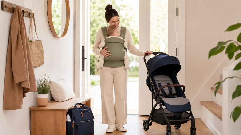 Parent portant un bébé dans un porte-bébé pour illustrer les règles de portage en sécurité