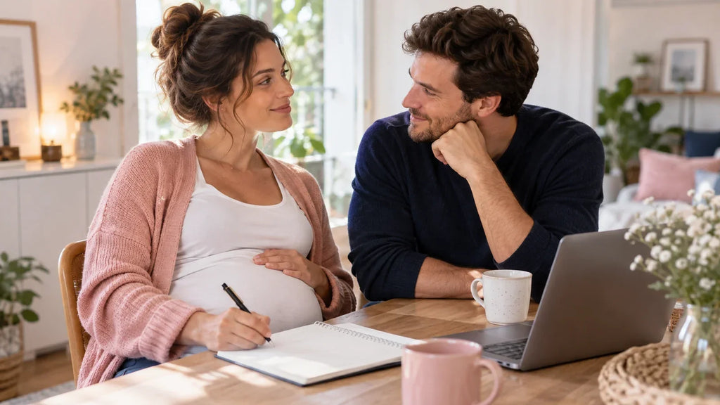 Femme enceinte préparant calmement ses questions pour la maternité avec son accompagnant