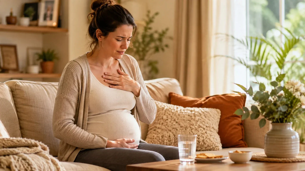 Femme enceinte assise dans un salon chaleureux avec une main sur la poitrine, illustrant les brûlures d’estomac et le reflux pendant la grossesse