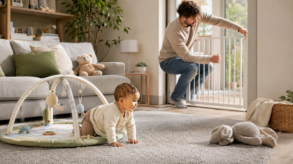 Bébé qui commence à se déplacer dans un salon sécurisé pendant qu’un parent installe une barrière de sécurité